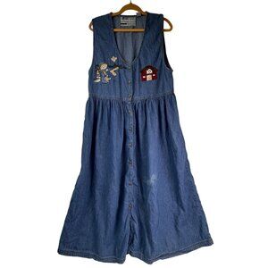 Way To Go Womens Denim Jumper Dress Embroidered Fall 90s Maxi Jean Dress Large